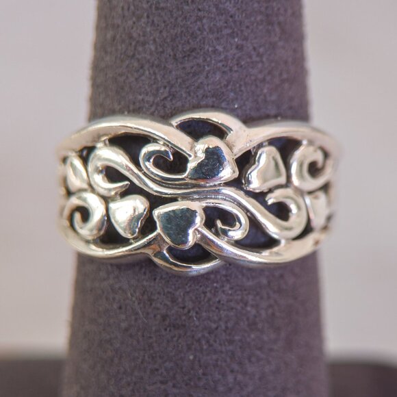 Sterling Silver Scroll & Heart Band Ring – Openwork “P. Ster” Design (Size 7.75) - Picture 1 of 11